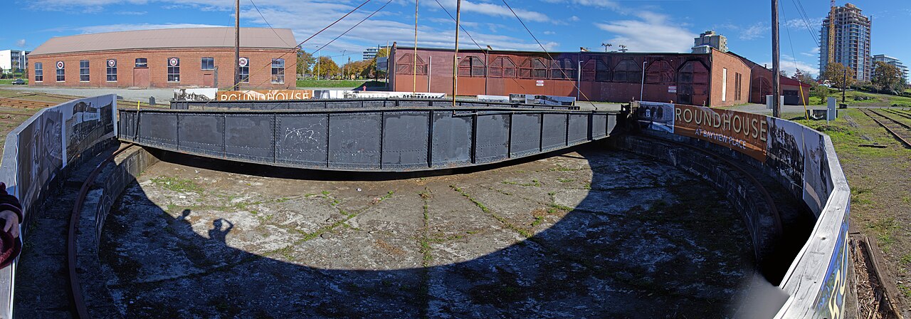 The E&N Railway turntable and brick Roundhouse buildings in Victoria West
