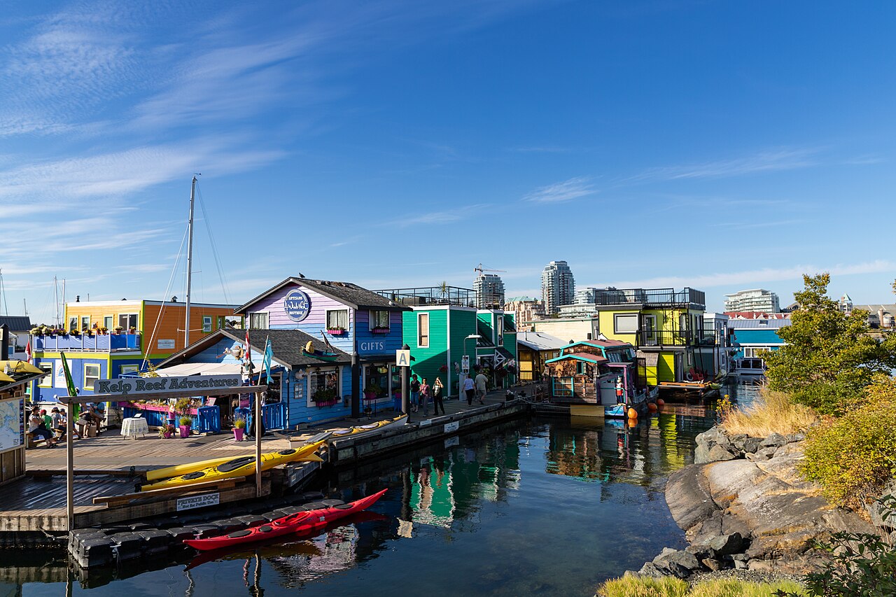 Colourful floating buildings and boats at Fisherman’s Wharf in Victoria